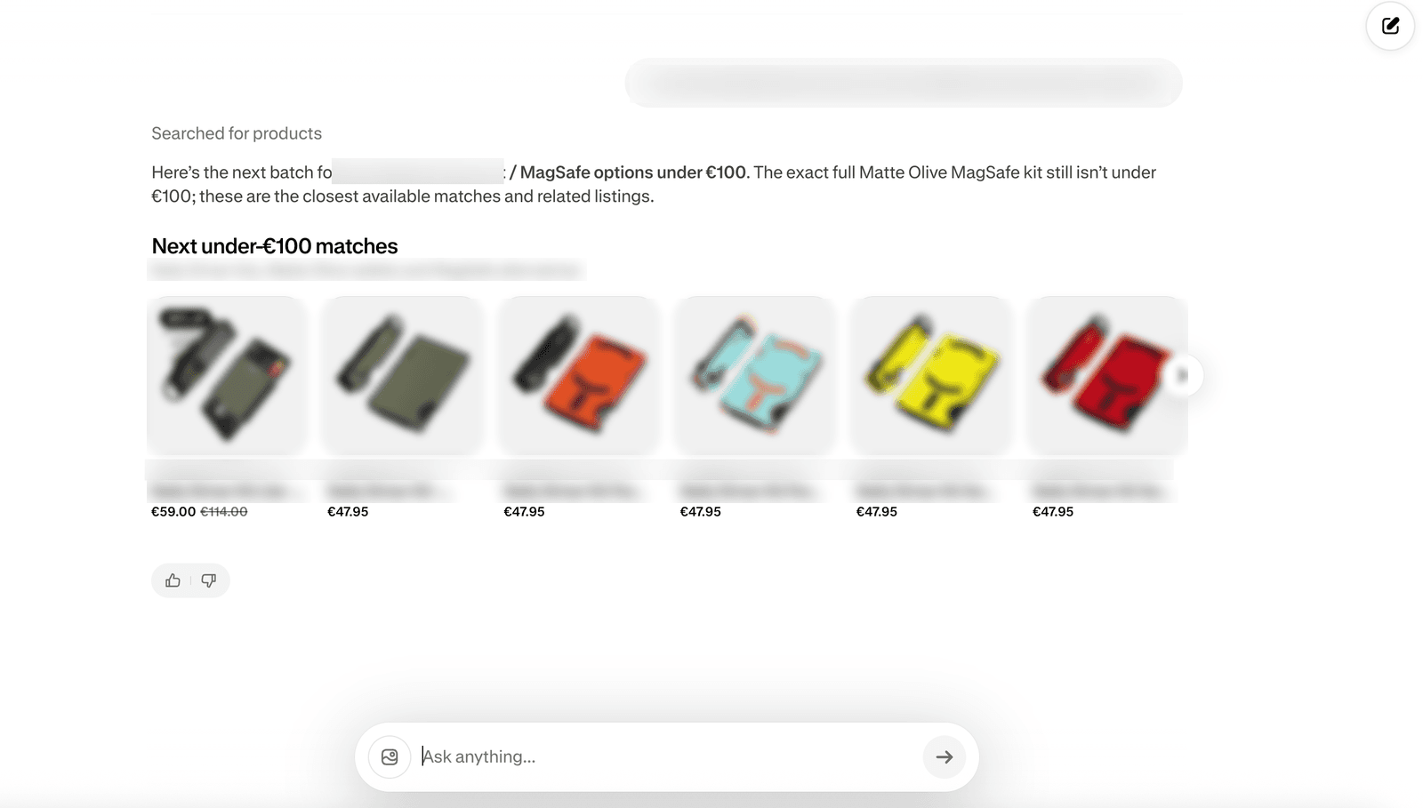 AI agent product recommendations, most from non-brand sellers (names blurred)