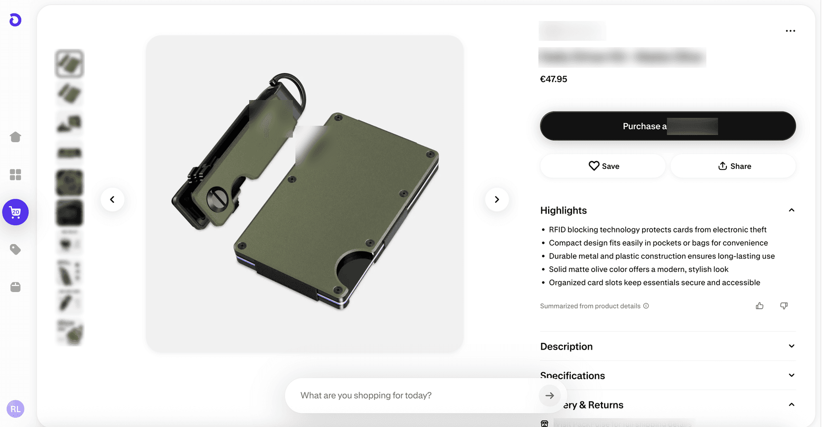 Shop App product page with a Purchase button (seller name blurred)