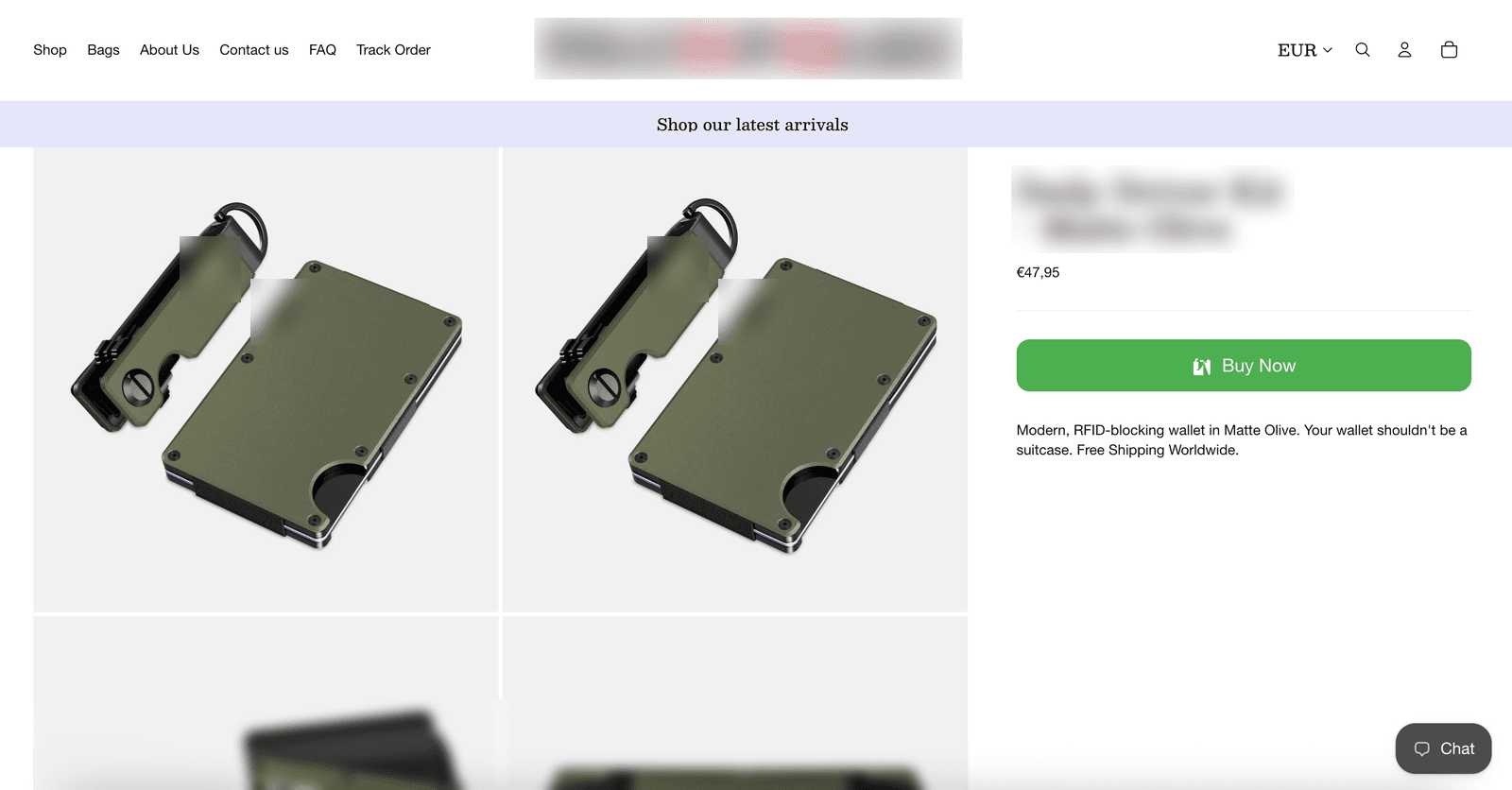 Copycat Shopify store using the brand's product photos (logo blurred)