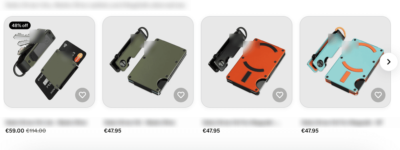 An AI shopping result showing four product cards for the same wallet, each with a price; the first card is labelled 48% off at 59 euros against 114 euros, the others are 47.95 euros. Brand and product names are blurred.